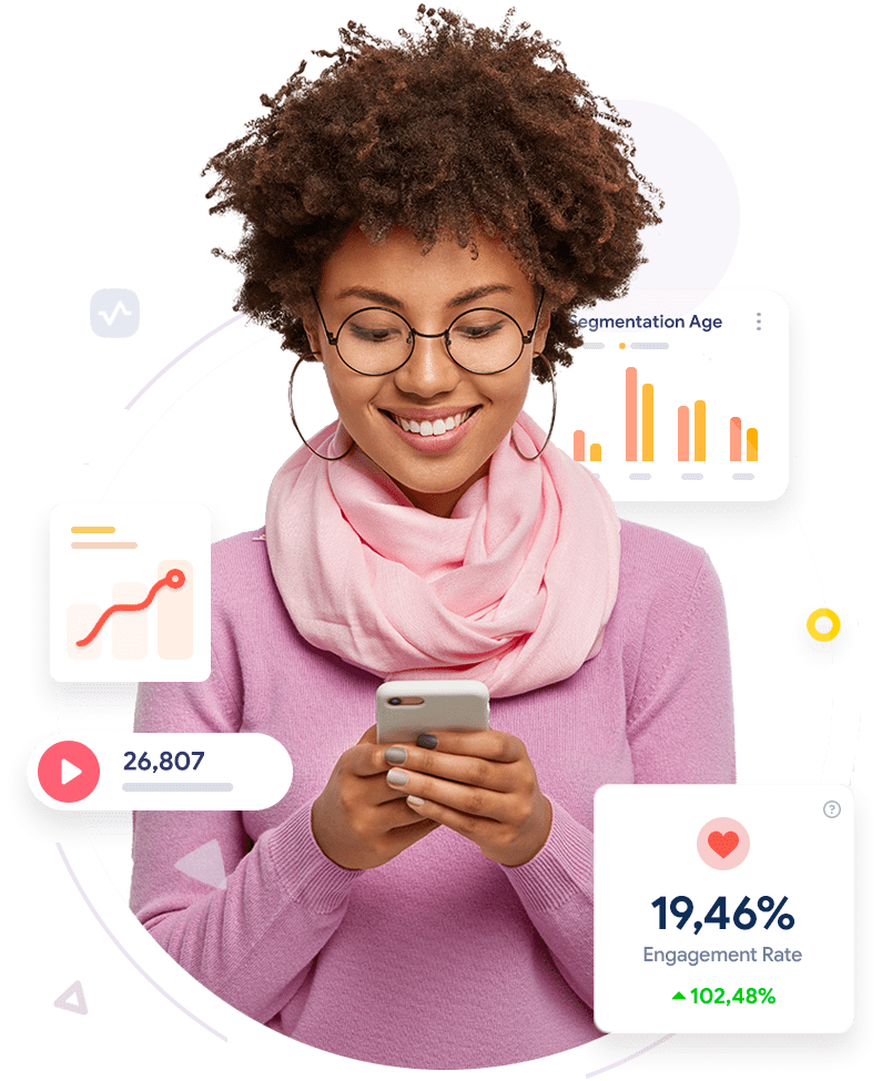 Smiling woman using a smartphone, surrounded by floating cards showing positive engagement metrics